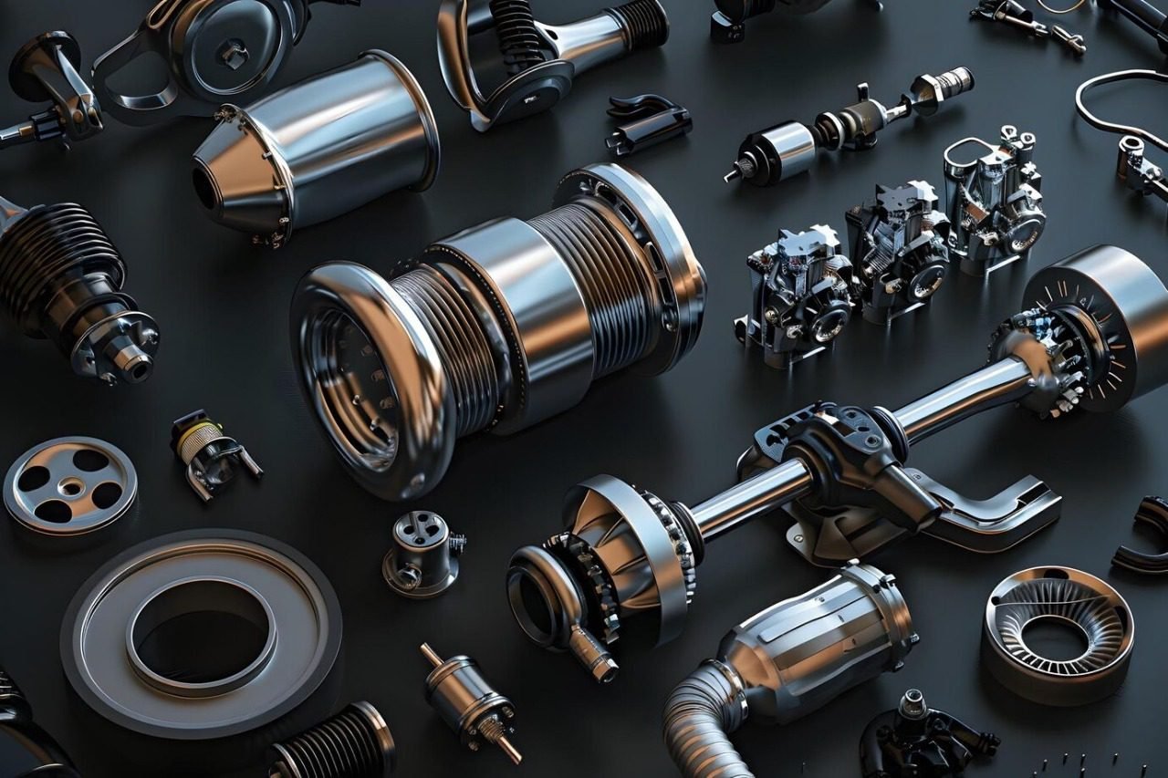 Assortment of shiny car engine and suspension parts on black background