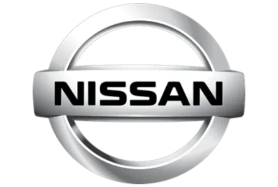 Nissan logo with silver circular emblem and bold black Nissan text