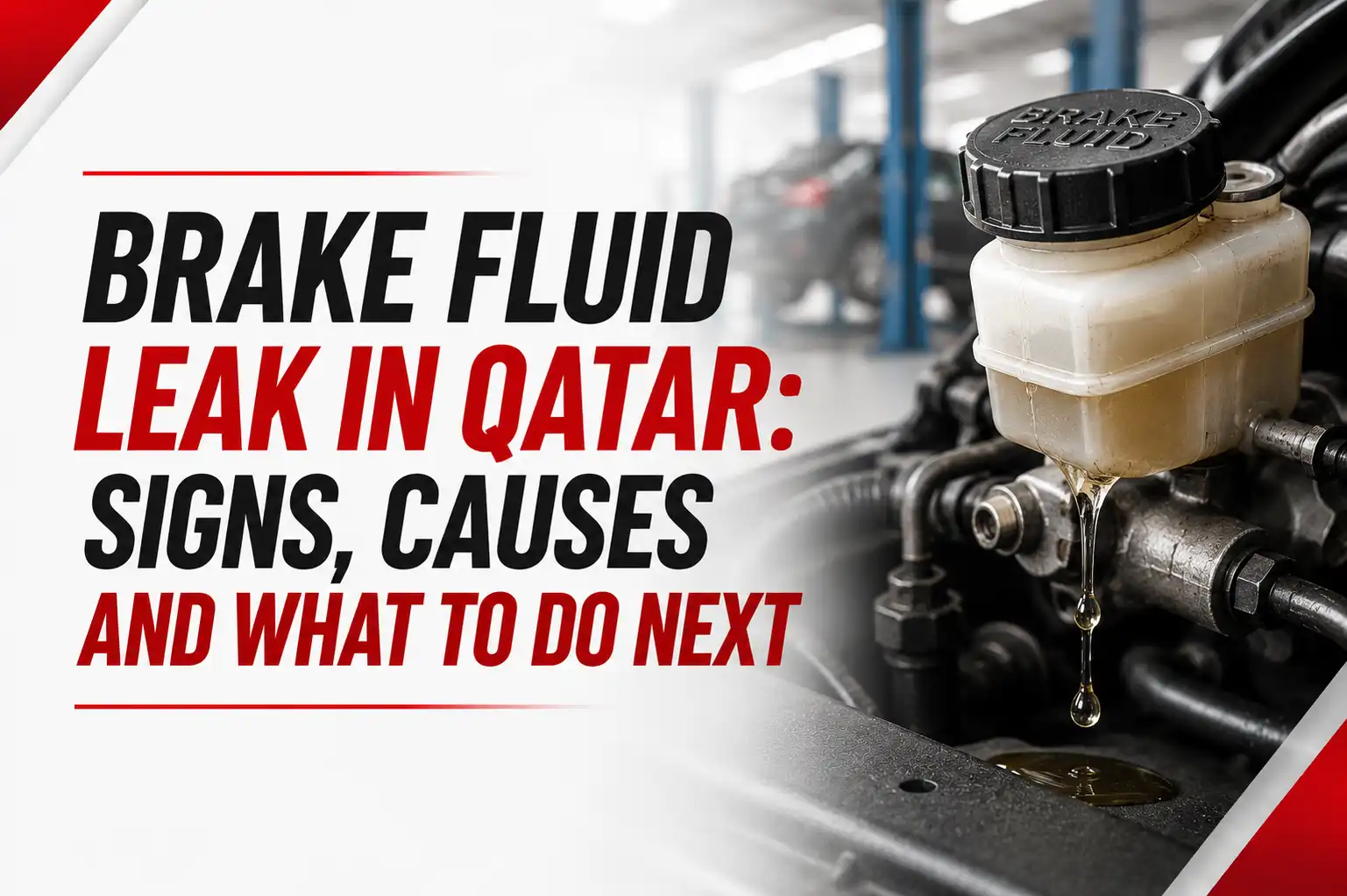 Brake fluid leak in Qatar showing damaged brake system and warning signs requiring brake inspection