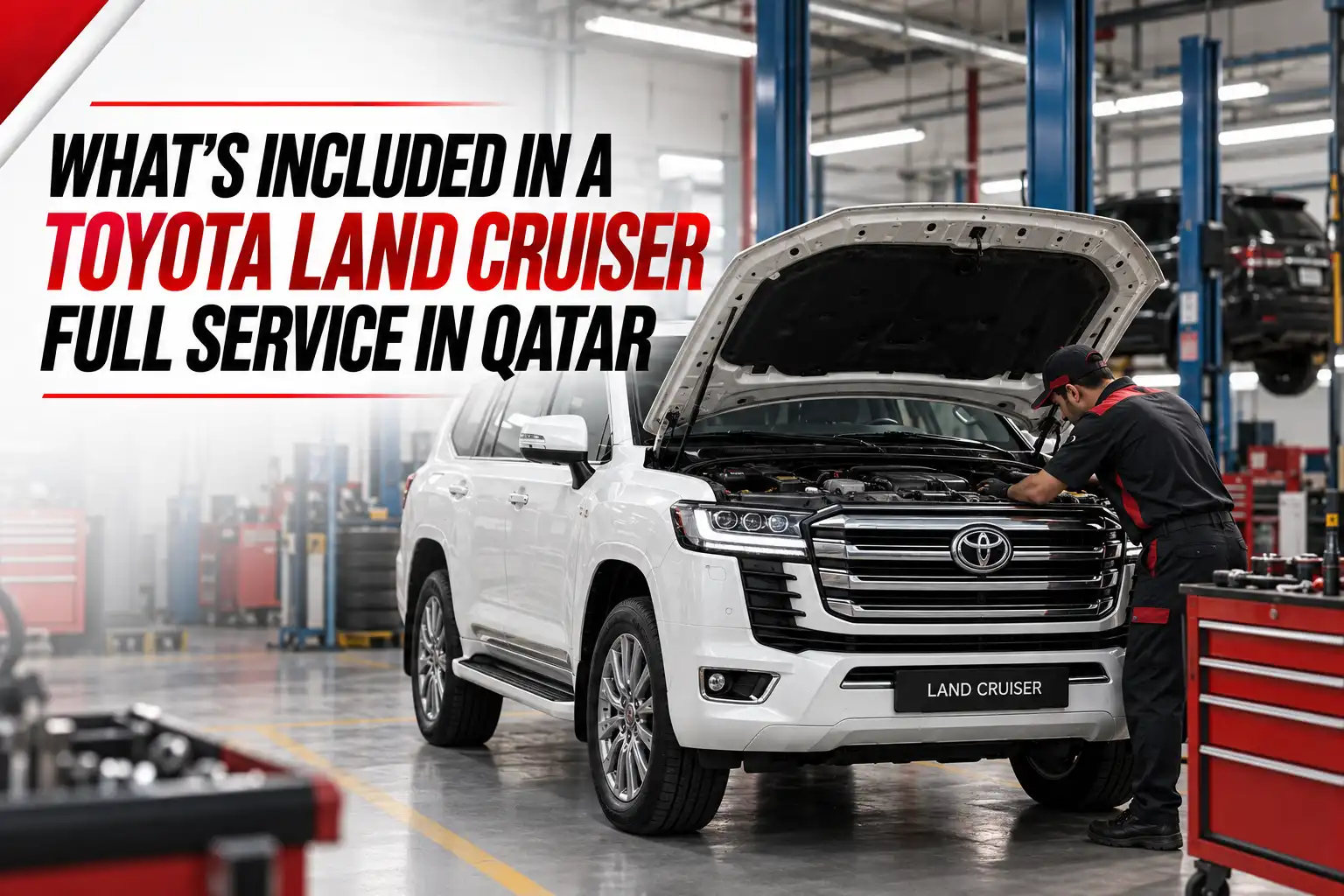 Toyota Land Cruiser Full Service with mechanic inspecting the engine